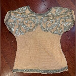 Oleg Cassini vintage Silver and rose/cream beaded silk Blouse